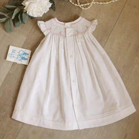 White Smocked Flutter Sleeve Dress Set Boutique 12 Months Hand -Embroidery NWT - Picture 5 of 6